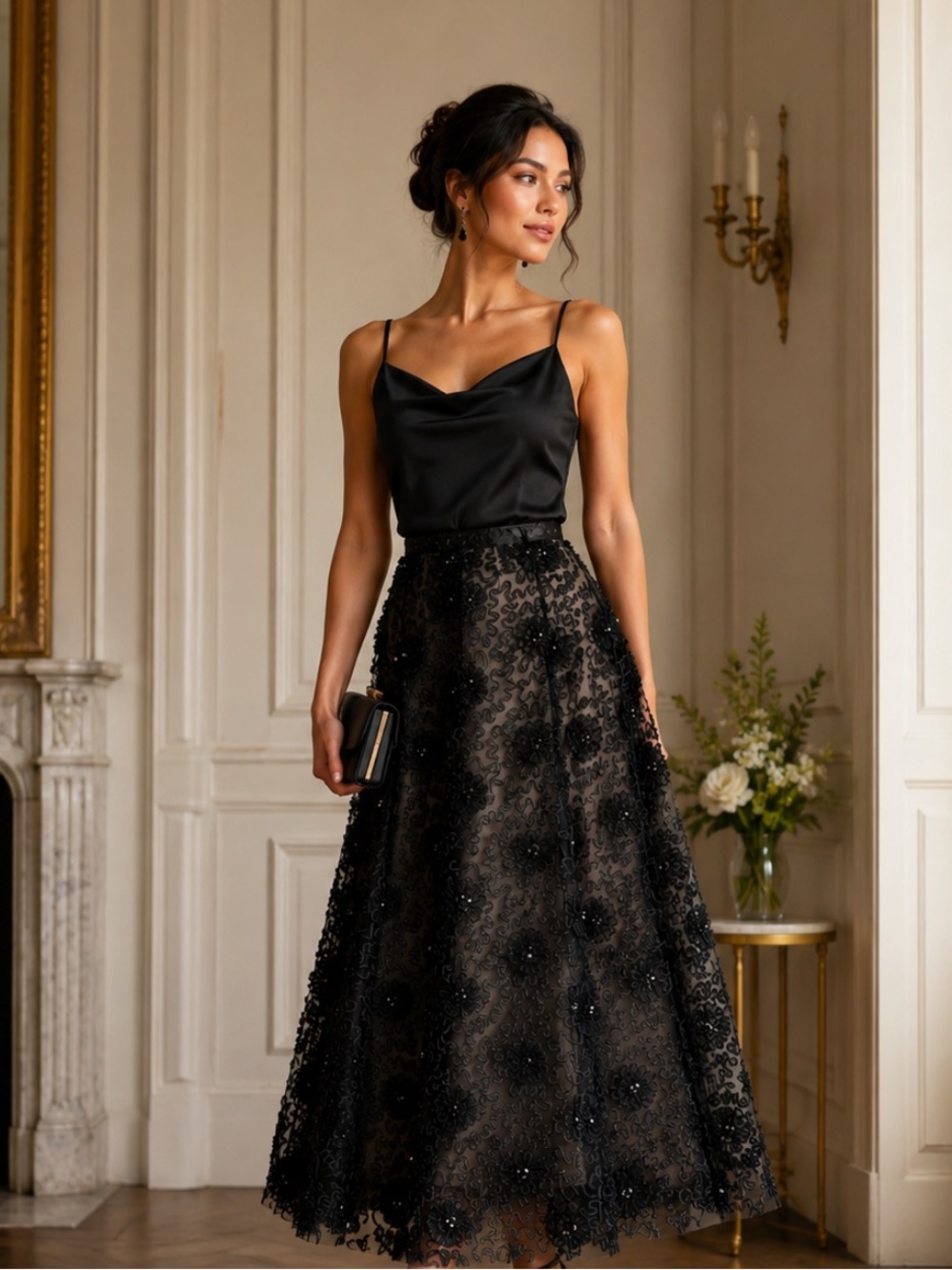 Black rosettes A-Line tulle dressy long skirt - Picture 3 of 9